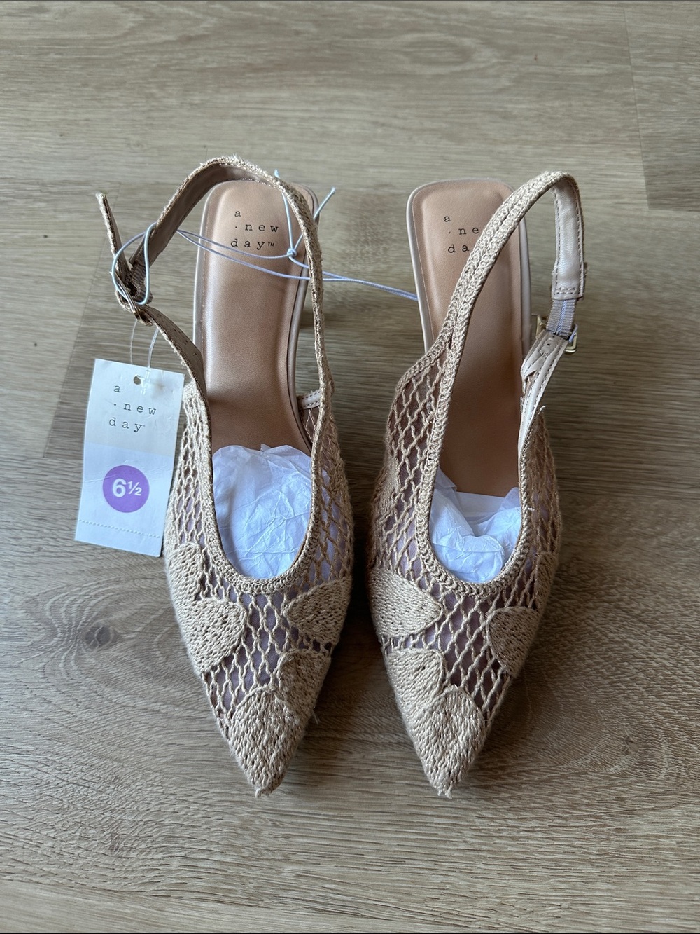 a new day Tan Crochet Pointed Slingback Heels
